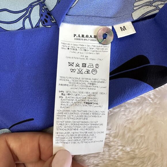 P.A.R.O.S.H. Women's Floral Blue Button Up Short Sleeve Silk Blouse Sz M - Picture 12 of 13